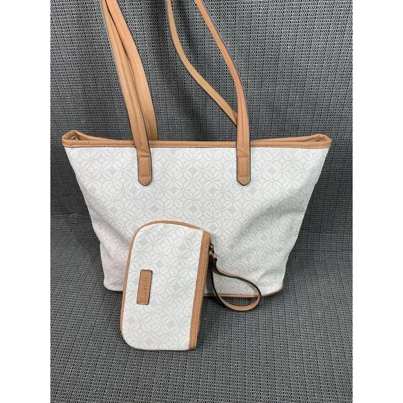 Rosetti Beige & Tan Tote Bag With Geometric Pattern & Matching Pouch - Picture 11 of 13